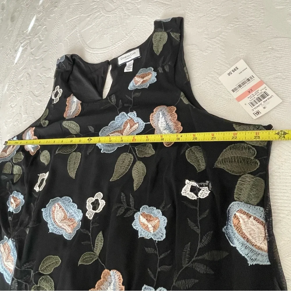 Charter Club semi sheer Black Floral Embroidered Mesh Tank Blouse Top‎